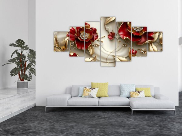 Obraz - 3D Červeno-zlaté květy (210x100 cm)