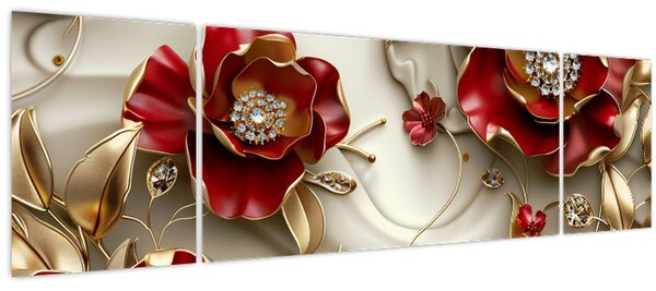 Obraz - 3D Červeno-zlaté květy (170x50 cm)