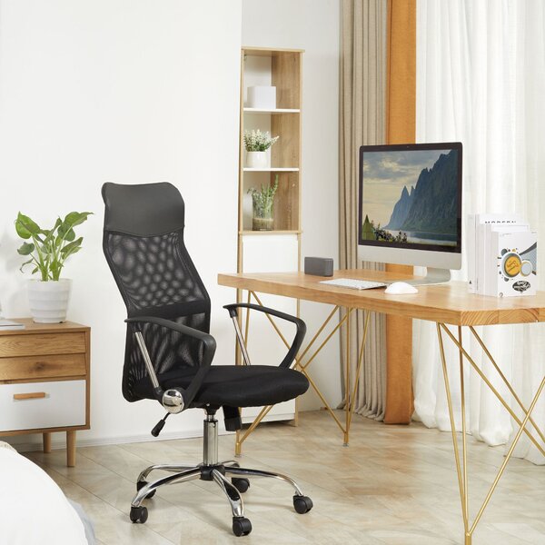 HOMCOM Ergonomická kancelářská židle, herní židle, otočná židle s houpací funkcí, výškově nastavitelné pracovní křeslo, pěna, síťovina, černá, 63 x 65