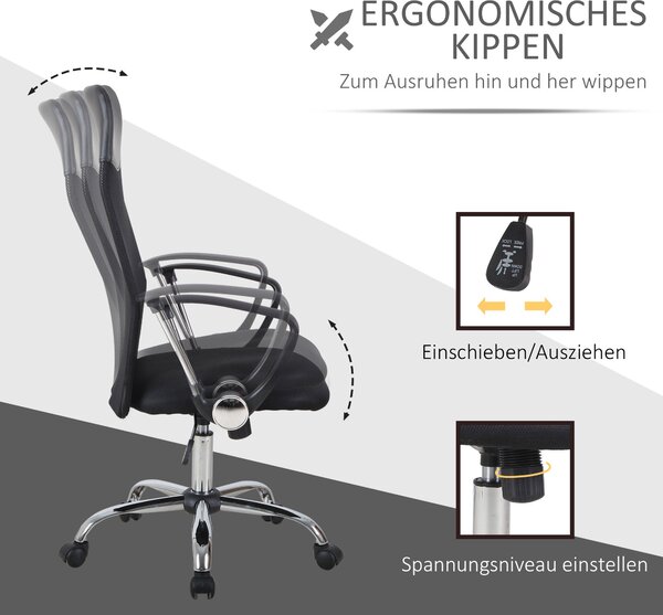 HOMCOM Ergonomická kancelářská židle, herní židle, otočná židle s houpací funkcí, výškově nastavitelné pracovní křeslo, pěna, síťovina, černá, 63 x 65