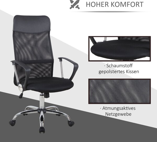 HOMCOM Ergonomická kancelářská židle, herní židle, otočná židle s houpací funkcí, výškově nastavitelné pracovní křeslo, pěna, síťovina, černá, 63 x 65