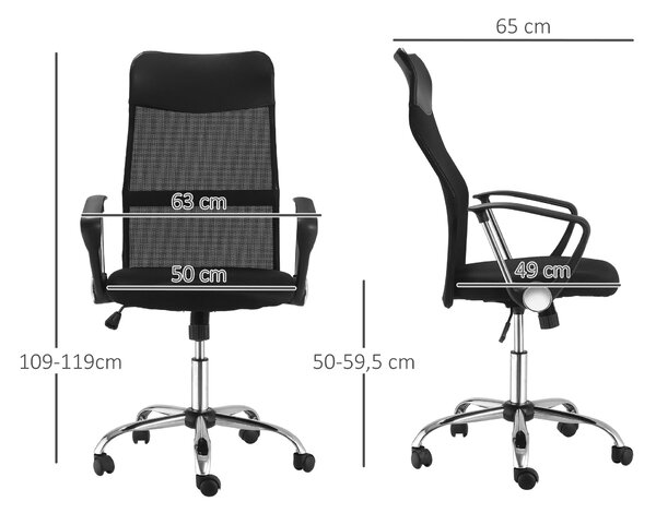 HOMCOM Ergonomická kancelářská židle, herní židle, otočná židle s houpací funkcí, výškově nastavitelné pracovní křeslo, pěna, síťovina, černá, 63 x 65