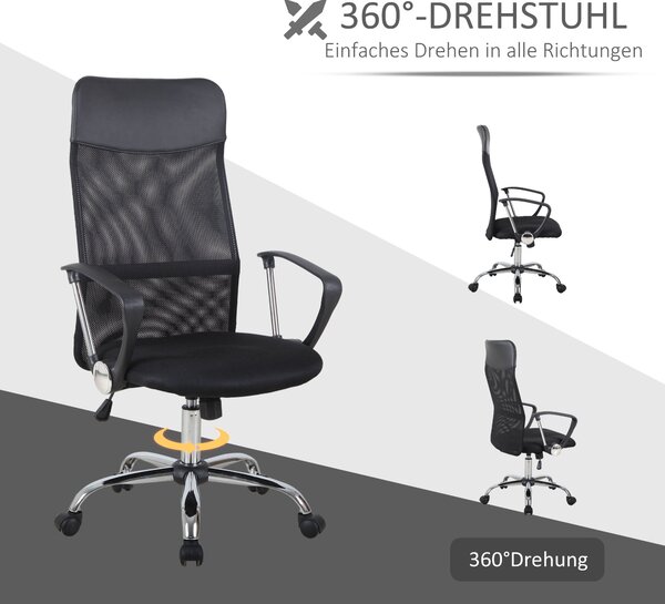 HOMCOM Ergonomická kancelářská židle, herní židle, otočná židle s houpací funkcí, výškově nastavitelné pracovní křeslo, pěna, síťovina, černá, 63 x 65