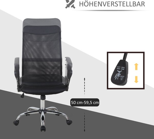 HOMCOM Ergonomická kancelářská židle, herní židle, otočná židle s houpací funkcí, výškově nastavitelné pracovní křeslo, pěna, síťovina, černá, 63 x 65