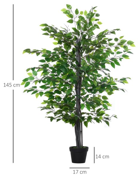 Umělý Ficus Tree Outsunny Velký 145 cm, Umělý Strom, Umělá Rostlina, Plastová Umělá Rostlina v Květináči, Falešná Rostlina vypadá jako Skutečná pro Ob
