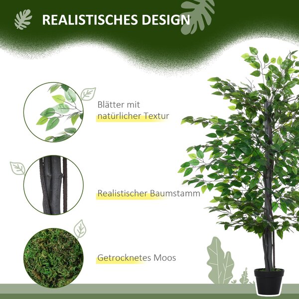 Umělý Ficus Tree Outsunny Velký 145 cm, Umělý Strom, Umělá Rostlina, Plastová Umělá Rostlina v Květináči, Falešná Rostlina vypadá jako Skutečná pro Ob
