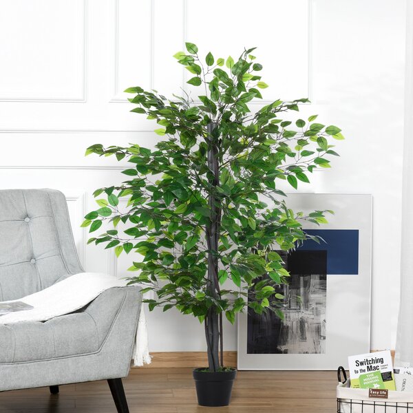 Umělý Ficus Tree Outsunny Velký 145 cm, Umělý Strom, Umělá Rostlina, Plastová Umělá Rostlina v Květináči, Falešná Rostlina vypadá jako Skutečná pro Ob