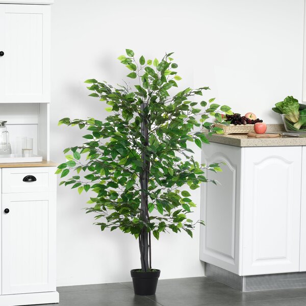 Umělý Ficus Tree Outsunny Velký 145 cm, Umělý Strom, Umělá Rostlina, Plastová Umělá Rostlina v Květináči, Falešná Rostlina vypadá jako Skutečná pro Ob