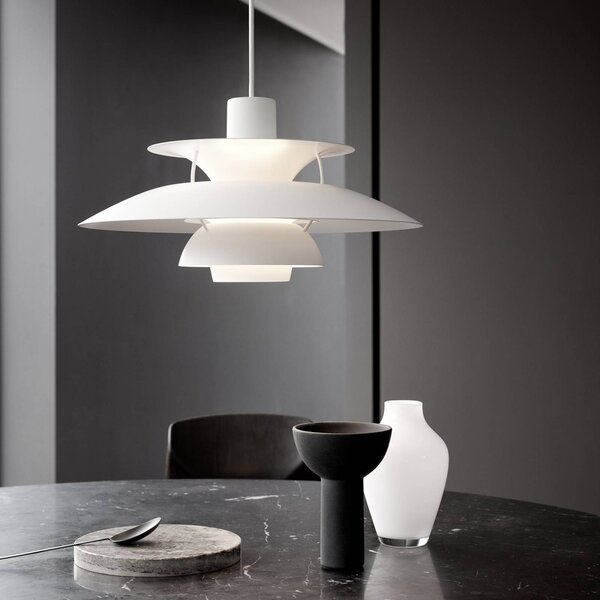 Louis Poulsen PH 5 závěsné světlo monochrom bílá, stmívatelný, Bílá / opál, Obývací pokoj / jídelna, Hliník, Design