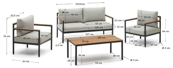 Šedý hliníkový set pohovky, dvou křesel a stolku Kave Home Aiguafreda s polštáři