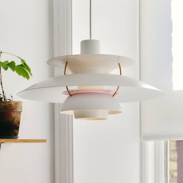 Louis Poulsen PH 5, designové závěsné světlo, bílé, stmívatelný, Bílá / opál, Obývací pokoj / jídelna, Hliník, Design