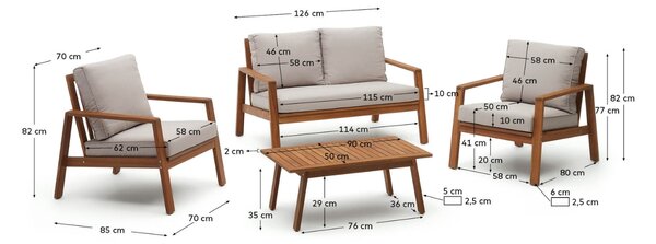 Kave Home Akátový zahradní set pohovky, dvou křesel a konferenčního stolku Frares s polštáři