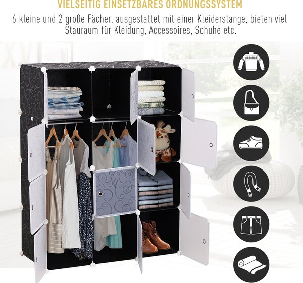 HOMCOM DIY Systém Šatníku se 2 Velkými a 9 Malými K cubes, Úložný prostor, Botník, Knihovna, Hračkový K cabinet Černá 111 x 47 x 145 cm | Aosom