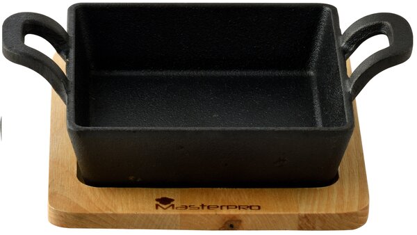 Čtvercová litinová mini pánev Masterpro s bambusovým podstavcem / 12,6 x 18,5 x 3,6 cm / černá