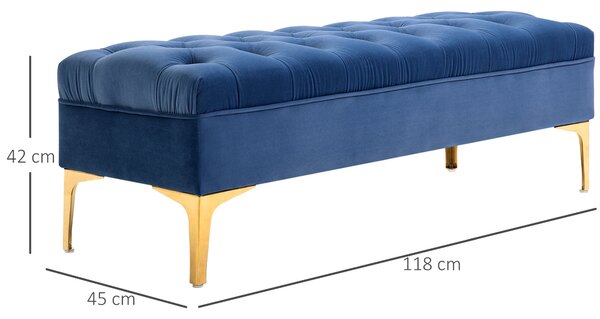 HOMCOM Lavice, postelová lavice, botníková lavice s vyvýšenými nohami, sametová modrá 118 x 45 x 42 cm | Aosom