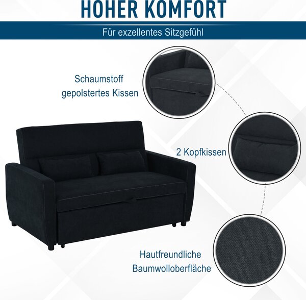 HOMCOM Rozkládací Pohovka, 2-místná Pohovka s Funkcí Spánku, Nastavitelný Opěrák, Pohovka s Polštáři, Vzhled Sametu, Rozkládací Postel do Obývacího Po