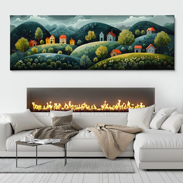 Obraz na plátně - Kopečky s vesnicí Viarel FeelHappy.cz Velikost obrazu (šířka x výška): 120 x 40 cm