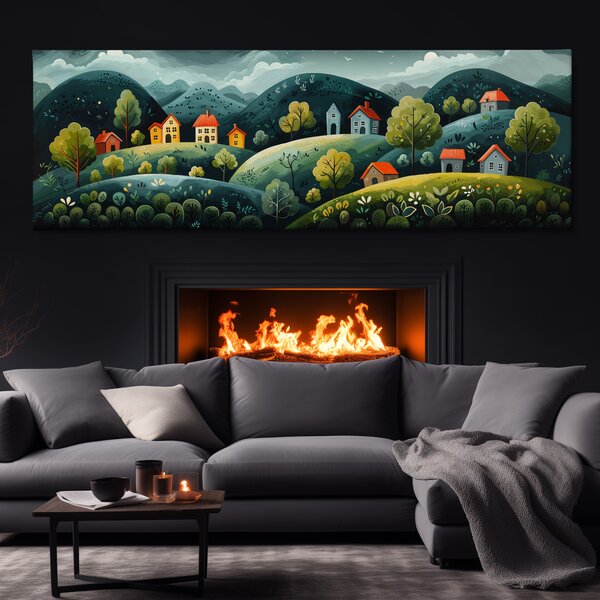 Obraz na plátně - Kopečky s vesnicí Viarel FeelHappy.cz Velikost obrazu (šířka x výška): 120 x 40 cm