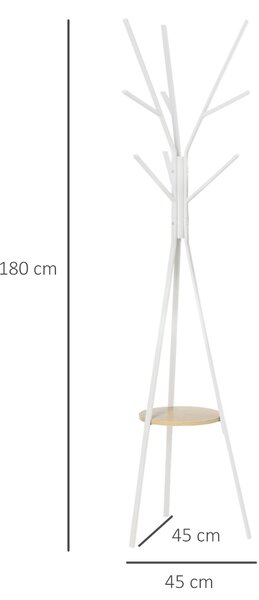 HOMCOM Stojan na kabáty, stojan na klobouky se 8 háčky, stojan s policí, odkládací skříň na oblečení, klobouky, tašky, kovový, bílý, 45 x 45 x 180 cm