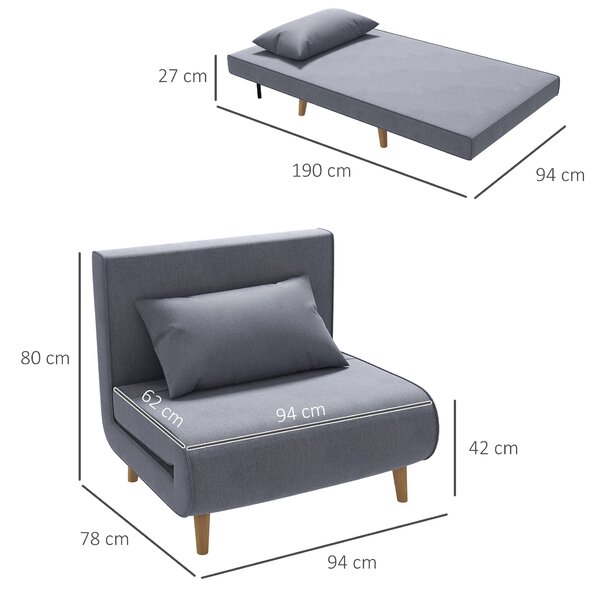 HOMCOM Jednolůžková rozkládací pohovka s nastavitelným opěradlem Nordic Skandinávská 25D pěna domácký len imitace borovice šedá 94 x 78 x 80 cm | Aoso