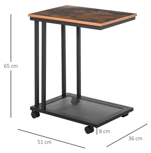 HOMCOM Boční Stolek C-Tvarový S Pojezdovými Kolečky Servírovací Vozík Laptop Stolek Kavový Stolek Noční Stolek S Kovovým Rámem Průmyslový Design Černý