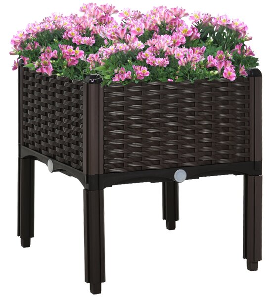 Zvýšený záhon Outsunny, květináč s drenážními otvory, květinový box v ratanovém vzhledu, plast, hnědý, 40 x 40 x 44 cm | Aosom