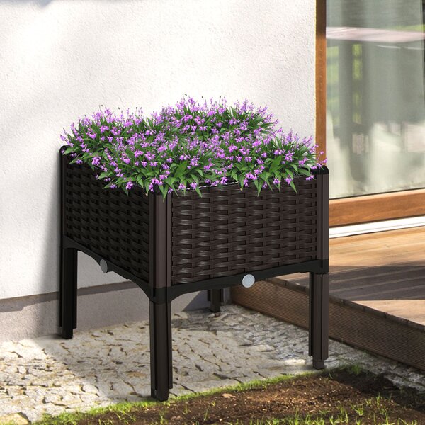 Zvýšený záhon Outsunny, květináč s drenážními otvory, květinový box v ratanovém vzhledu, plast, hnědý, 40 x 40 x 44 cm | Aosom