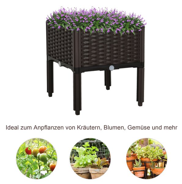 Zvýšený záhon Outsunny, květináč s drenážními otvory, květinový box v ratanovém vzhledu, plast, hnědý, 40 x 40 x 44 cm | Aosom