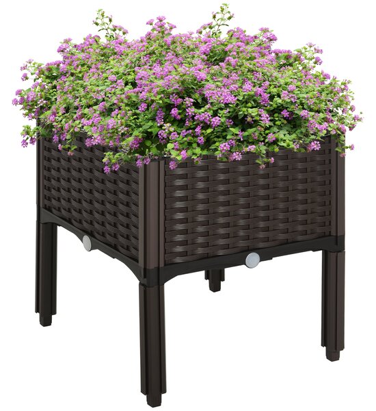 Zvýšený záhon Outsunny, květináč s drenážními otvory, květinový box v ratanovém vzhledu, plast, hnědý, 40 x 40 x 44 cm | Aosom
