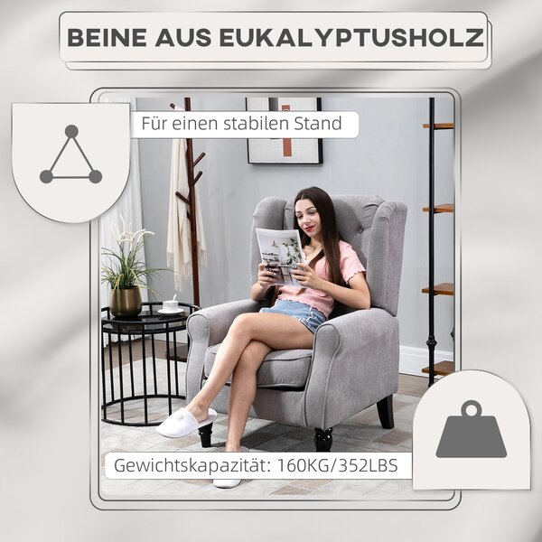 Křeslo HOMCOM Wing s prošíváním, vysokým opěradlem a zaoblenými loketními opěrkami, čalouněné křeslo s dřevěnými nohami, pro ložnici a obývací pokoj