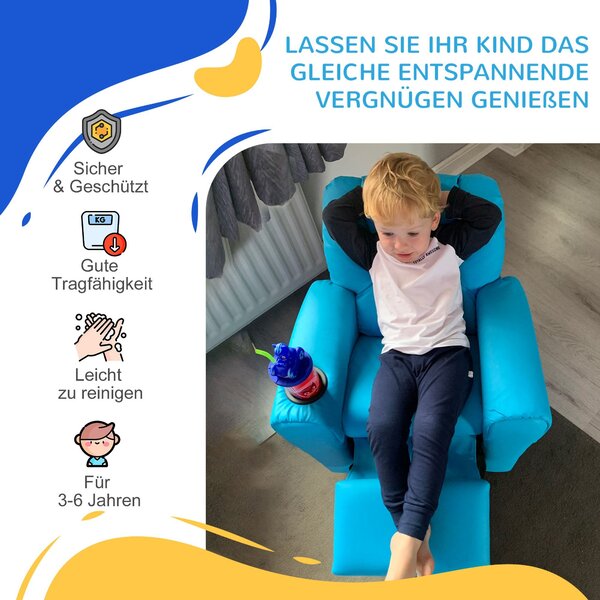 Dětské křeslo HOMCOM, Mini křeslo, Dětská pohovka pro děti ve věku 3-6 let, Funkce sklápění, Vestavěný držák na nápoje, Modré, 62 x 52 x 69 cm | Aosom