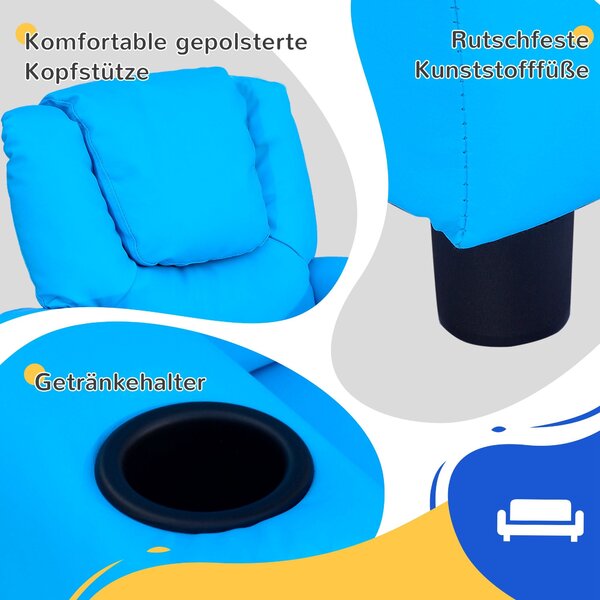 Dětské křeslo HOMCOM, Mini křeslo, Dětská pohovka pro děti ve věku 3-6 let, Funkce sklápění, Vestavěný držák na nápoje, Modré, 62 x 52 x 69 cm | Aosom