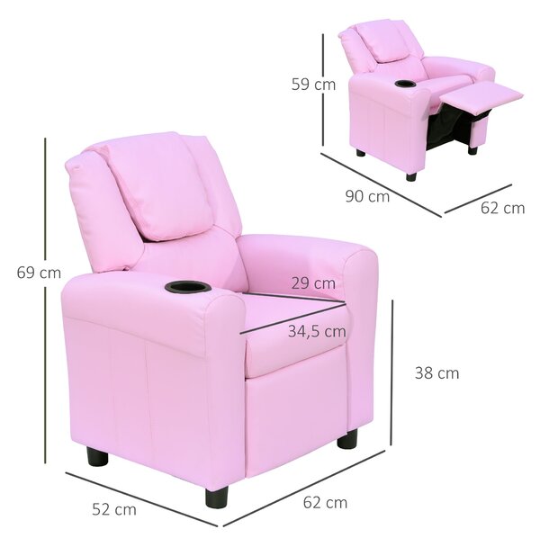 HOMCOM Dětská židle, Minichair, Dětská pohovka pro 3-6 let, Sklopná funkce, Vestavěný držák na hrníček, Růžová, 62 x 56 x 69 cm | Aosom