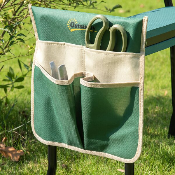 Skládací zahradní sedátko s poduškou Outsunny, podporuje až 150 kg, zahradní lavička pro klečení a sezení 58 x 28 x 49 cm Zelená | Aosom