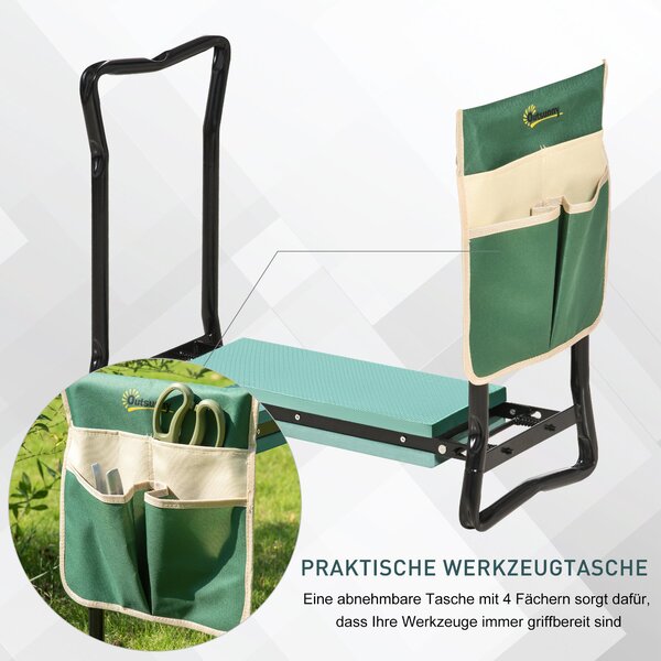 Skládací zahradní sedátko s poduškou Outsunny, podporuje až 150 kg, zahradní lavička pro klečení a sezení 58 x 28 x 49 cm Zelená | Aosom
