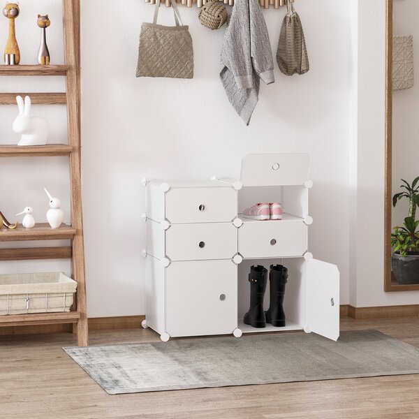 HOMCOM Skříň na Boty, Regál se Skladovacími Přihrádkami, Šatník, Plast, Ocel, Bílý, 75 x 37 x 73 cm | Aosom