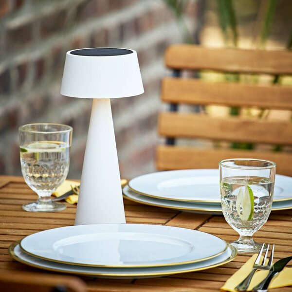 Sigor LED stolní lampa Solino, bílá, solární/USB, 26 cm, IP44, stmívatelný, Bílá / opál, Obývací pokoj / jídelna, Hliník, Moderní