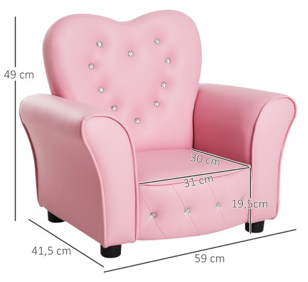 HOMCOM Dětská pohovka Dětské křeslo Princeznovský mini pohovka do dětského pokoje srdcového tvaru Růžová L59 x Š41,5 x V49 cm | Aosom