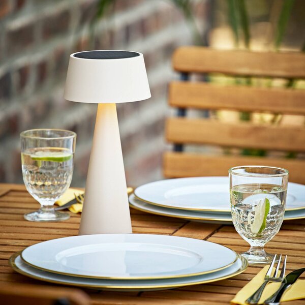 Sigor LED stolní lampa Solino, béžová, solární/USB, 26 cm, IP44, stmívatelný, Krémová / jantar, Obývací pokoj / jídelna, Hliník, Moderní