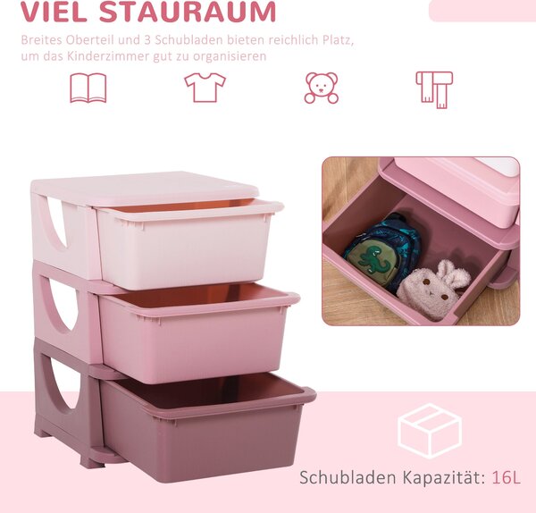 HOMCOM Dětský zásuvkový kabinet s úložným prostorem a boxy na hračky – Organizér na hračky – Dětská skříň s třemi úrovněmi pro pokoj dětí ve věku 3-6