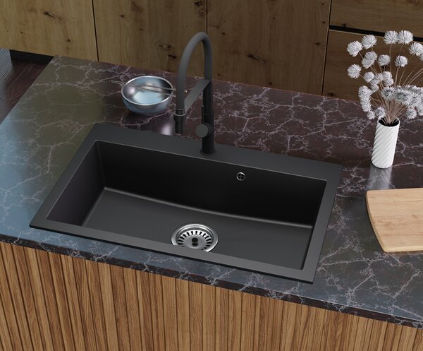 Granitový dřez ELITE černý + sifon chrom 80 x 50 x 21 cm