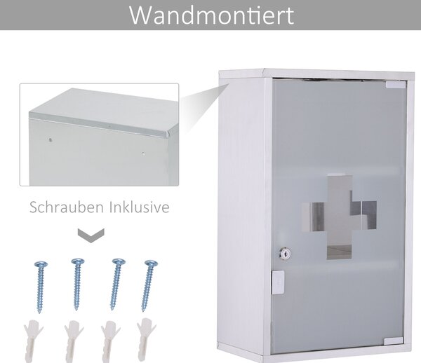 HOMCOM Lékárnička z nerezové oceli, uzamykatelná lékárnička se 3 přihrádkami, skleněné dveře pro uskladnění léků, 30 x 18 x 50 cm | Aosom