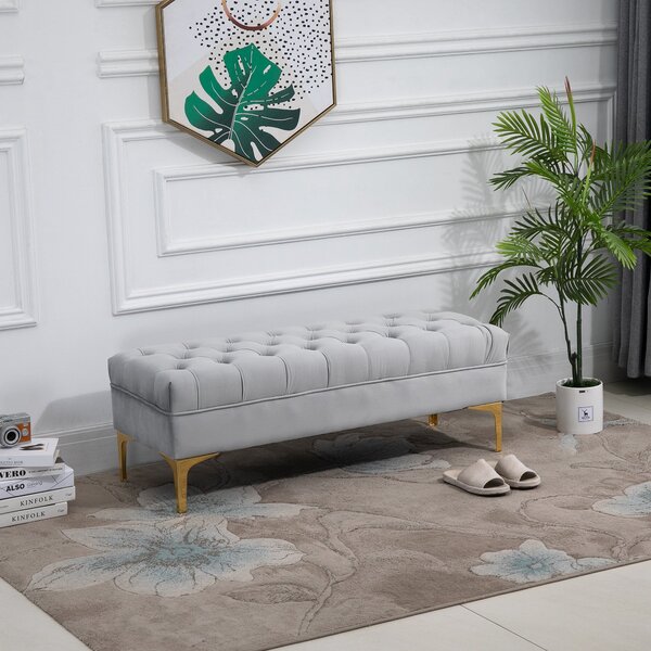 HOMCOM Lavice, Postelová lavice, Botníková lavice se zvýšenými nohami, Ložnice, Sametová světle šedá 118 x 45 x 42 cm | Aosom