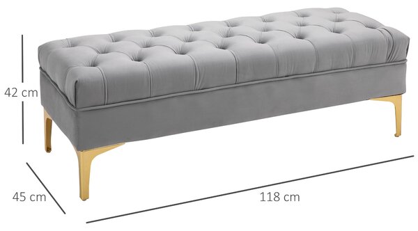 HOMCOM Lavice, Postelová lavice, Botníková lavice se zvýšenými nohami, Ložnice, Sametová světle šedá 118 x 45 x 42 cm | Aosom