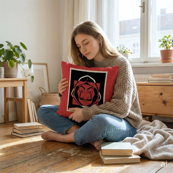 Dekorační polštář Papírový dům - Money Heist – motiv Dali Mask - 40x40 cm