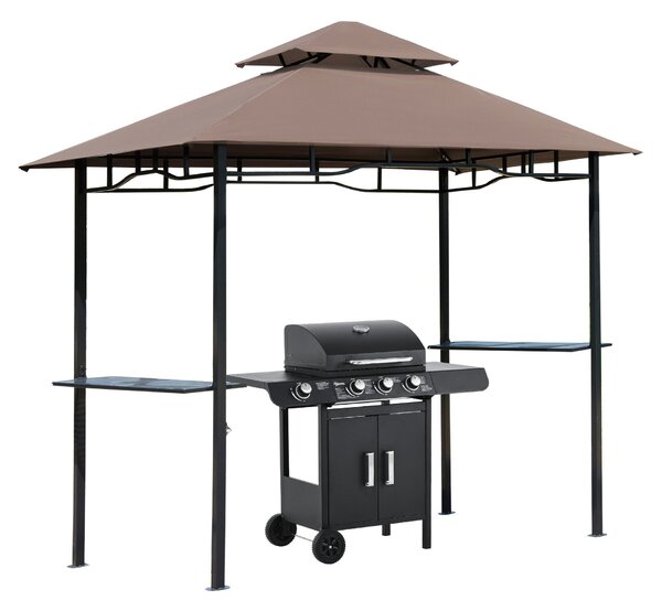 Grilovací pavilon Outsunny – zahradní stříška s policemi, nehořlavá dvojitá střecha, káva hnědá 245 x 148 x 252 cm | Aosom