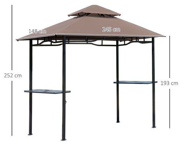 Grilovací pavilon Outsunny – zahradní stříška s policemi, nehořlavá dvojitá střecha, káva hnědá 245 x 148 x 252 cm | Aosom