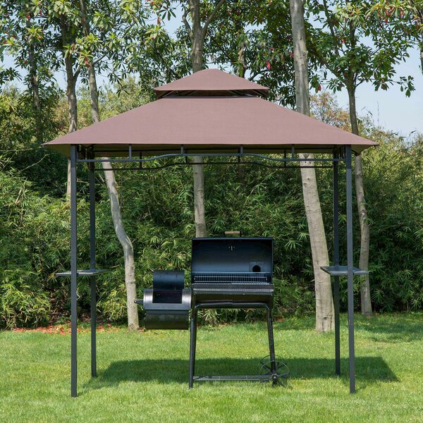 Grilovací pavilon Outsunny – zahradní stříška s policemi, nehořlavá dvojitá střecha, káva hnědá 245 x 148 x 252 cm | Aosom
