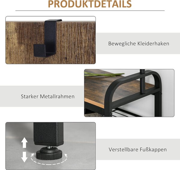 HOMCOM Stojan na kabáty a boty s 8 háčky a 2 policemi MDF Černá 72,1 x 34 x 184,8 cm | Aosom