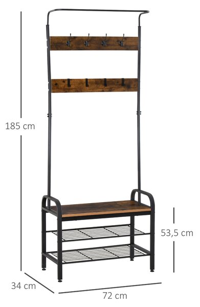 HOMCOM Stojan na kabáty a boty s 8 háčky a 2 policemi MDF Černá 72,1 x 34 x 184,8 cm | Aosom